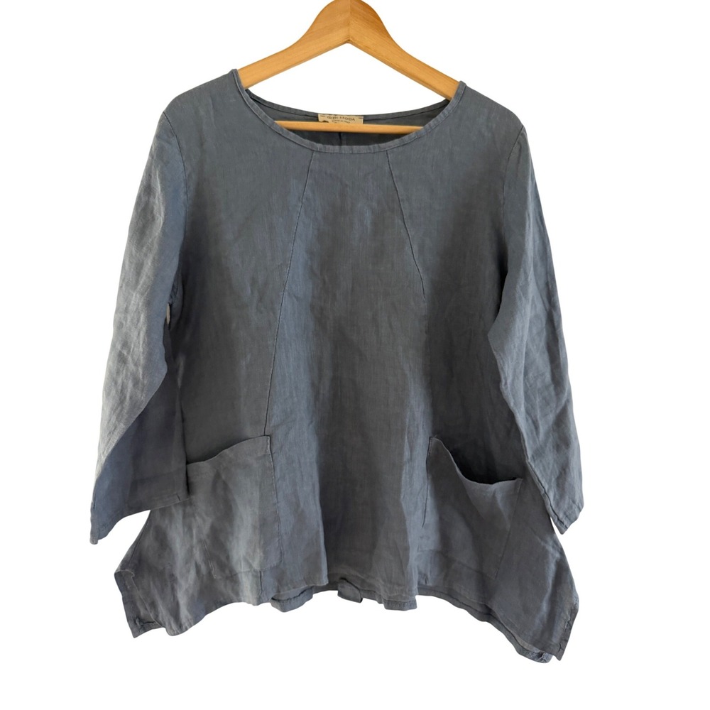 Gigi Moda Italian Linen Tunic Top Blue Gray Handkerchief Hem Pockets Womens S